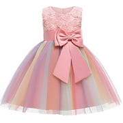 Baby Girls Bowknot Princess Dress, Little Girls Party Wedding Formal Dresses, Evening Mesh Lace Dress, Kids Pageant Flower Girl Sleeveless Dress, Birthday Gifts for Girls Pink (7-8 Years)